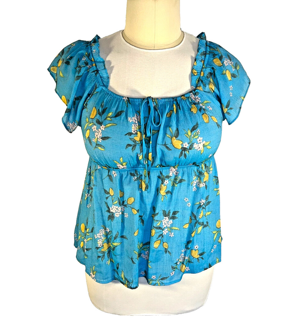 Perch - Peplum Blouse Women's 2XL Aqua Blue Floral Square Neck Ruffle Short Slv